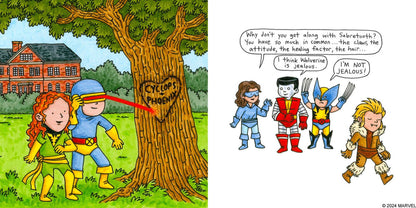 Book cover of 'The Uncanny X-Men: Days of Future Fun' by Jeffrey Brown with colorful characters and Marvel logo. Available now at ChimpLoot.com