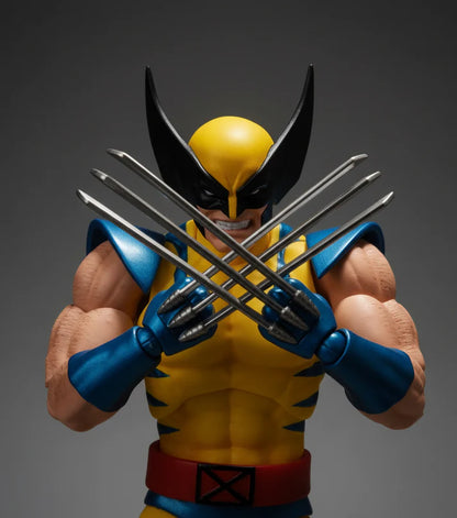 MAFEX No.096 Wolverine X-Men Action Figure of a superhero in yellow and blue costume with claws on a gray background