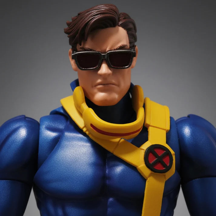 MAFEX No.099 Cyclops X-Men Action Figure in blue and yellow costume on a gray background