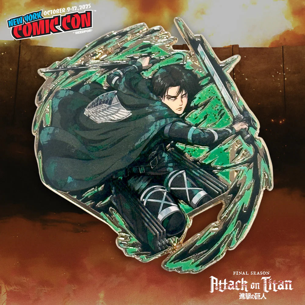 Pin featuring a character from 'Attack on Titan' with 'New York Comic Con' branding featuring Painterly Series: Attack on Titatn Levi - Limited Edition Pin
