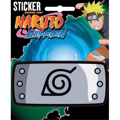 Naruto Shippuden sticker featuring the Hokage headband with the village symbol, mounted on a printed backing card with Naruto character artwork and the Naruto Shippuden logo.
