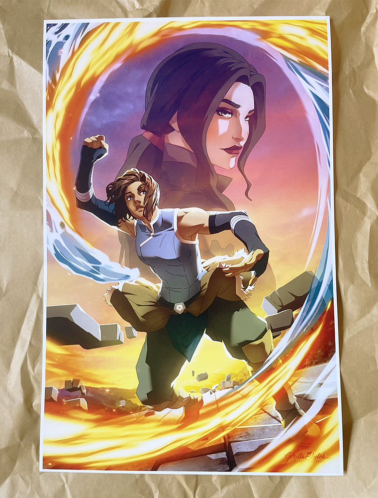 Heavy Cardstock 11 x 17 print of Avatar: The Legend Of Korra; Korra-Asami. featuring korra bending fire, water and earth with a bust of Asami in the sky