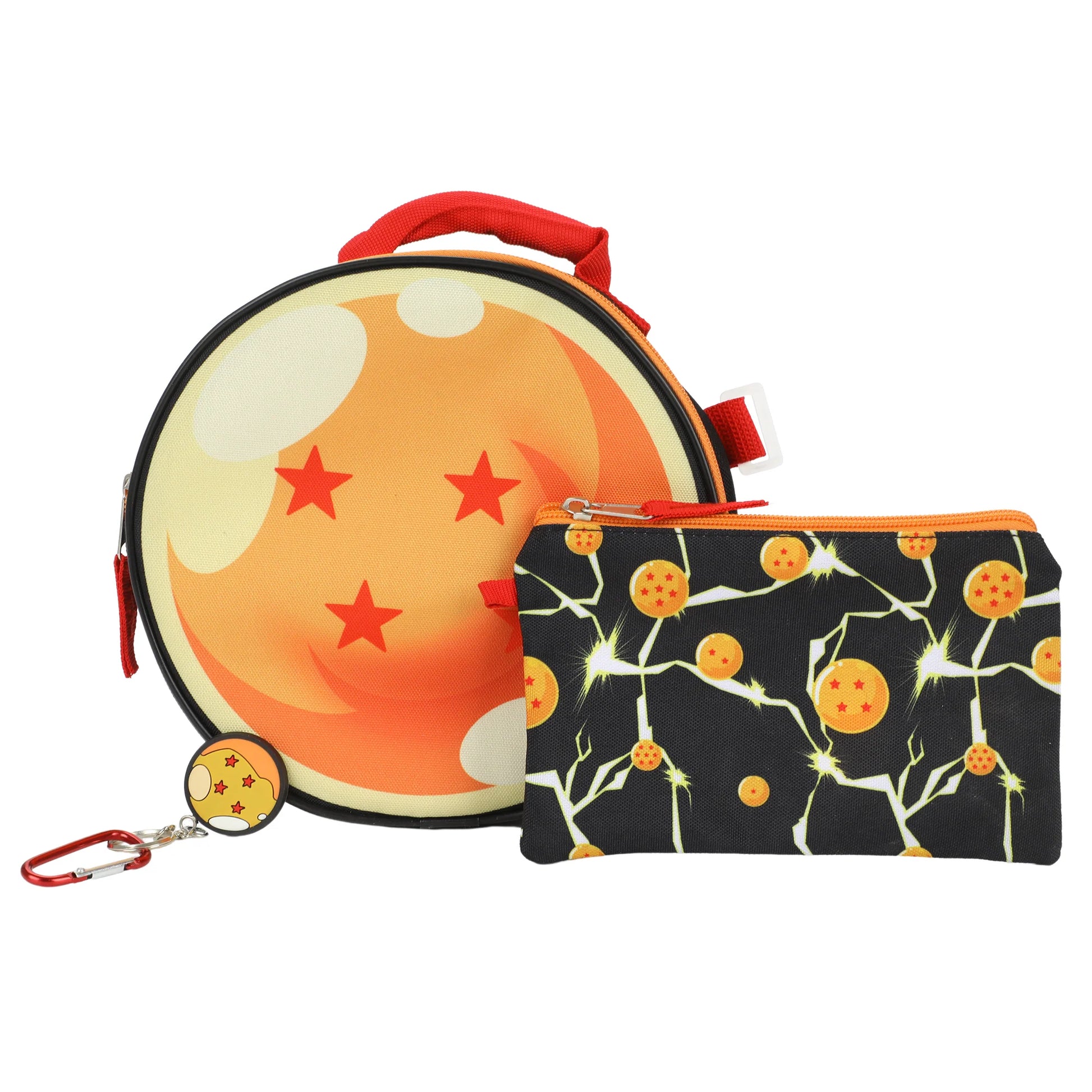 Two bags with Dragon Ball Z design, one round and one rectangular, on a white background.