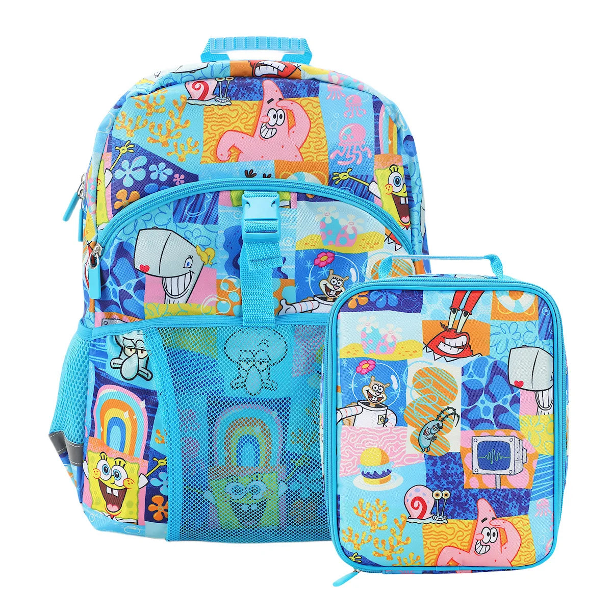 A SpongeBob-themed backpack and matching lunch bag set, featuring a colorful patchwork print of Patrick Star, Squidward, and other characters with bright blue mesh pockets and zippers, shown on a plain white background.