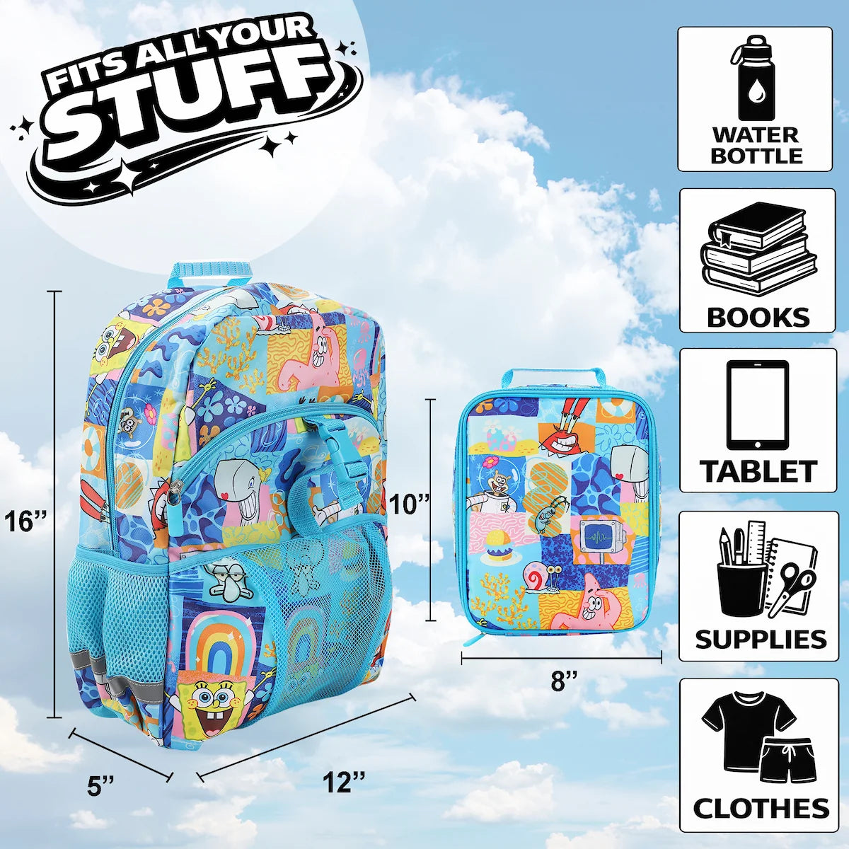 Colorful Spongebob backpack with dimensions and item illustrations on a blue sky background