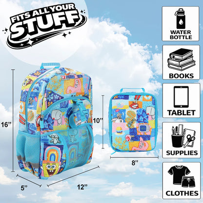 Colorful Spongebob backpack with dimensions and item illustrations on a blue sky background