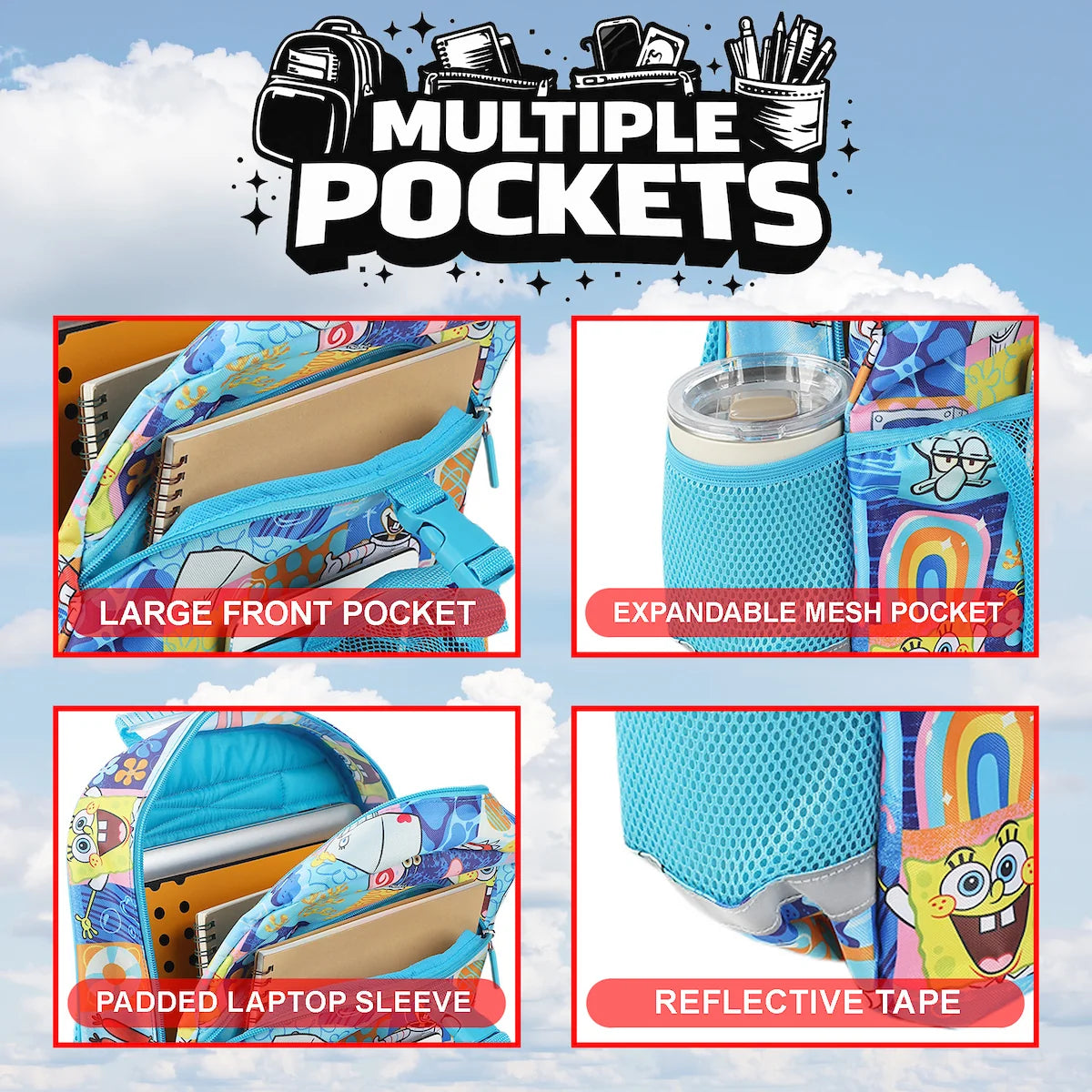 Spongebob Backpack Product display with multiple pockets on a blue background