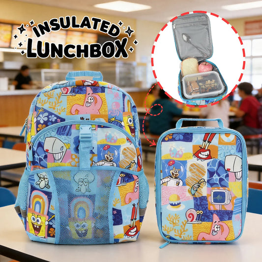 Colorful insulated lunchbox with Spongebob cartoon designs on a classroom background