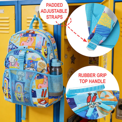 Colorful backpack with Spongebob cartoon design hanging on a locker, featuring padded adjustable straps and rubber grip top handle.