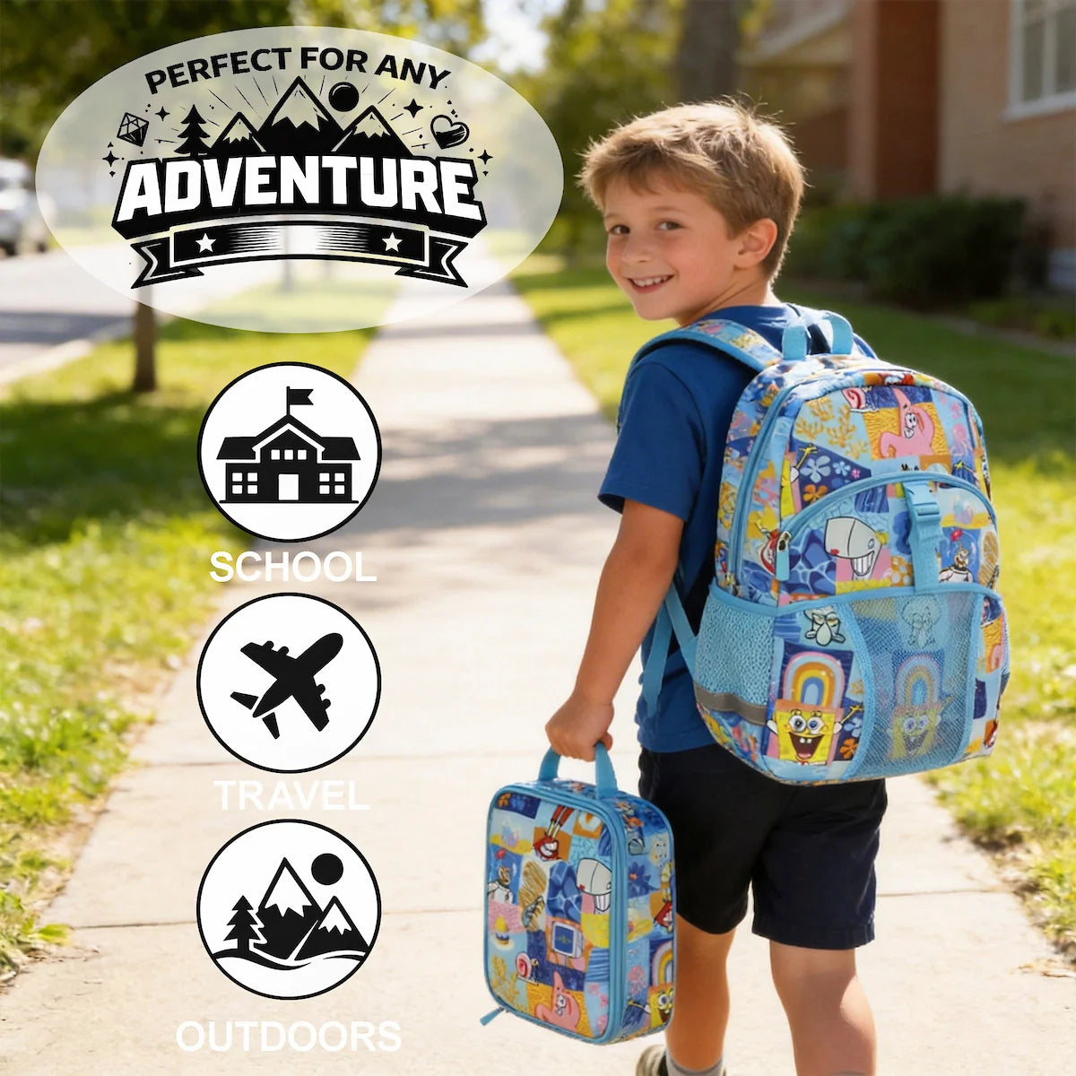 Child with a colorful Spongebob backpack and suitcase, with 'Perfect for Any Adventure' text and icons.