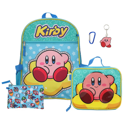 Kirby-themed backpack, lunch bag, carabiner, and pouch on a white background