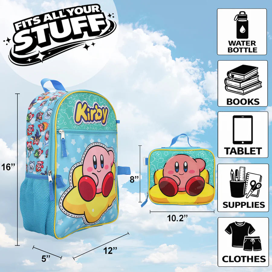 Kirby school backpack and matching lunch bag shown with dimension labels and icons indicating it fits water bottles, books, tablets, supplies, and clothes. The backpack is light blue with a large Kirby character print and the word Kirby on the front, and the lunch bag is smaller with a matching Kirby design.