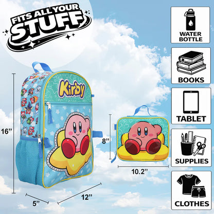 Kirby school backpack and matching lunch bag shown with dimension labels and icons indicating it fits water bottles, books, tablets, supplies, and clothes. The backpack is light blue with a large Kirby character print and the word Kirby on the front, and the lunch bag is smaller with a matching Kirby design.