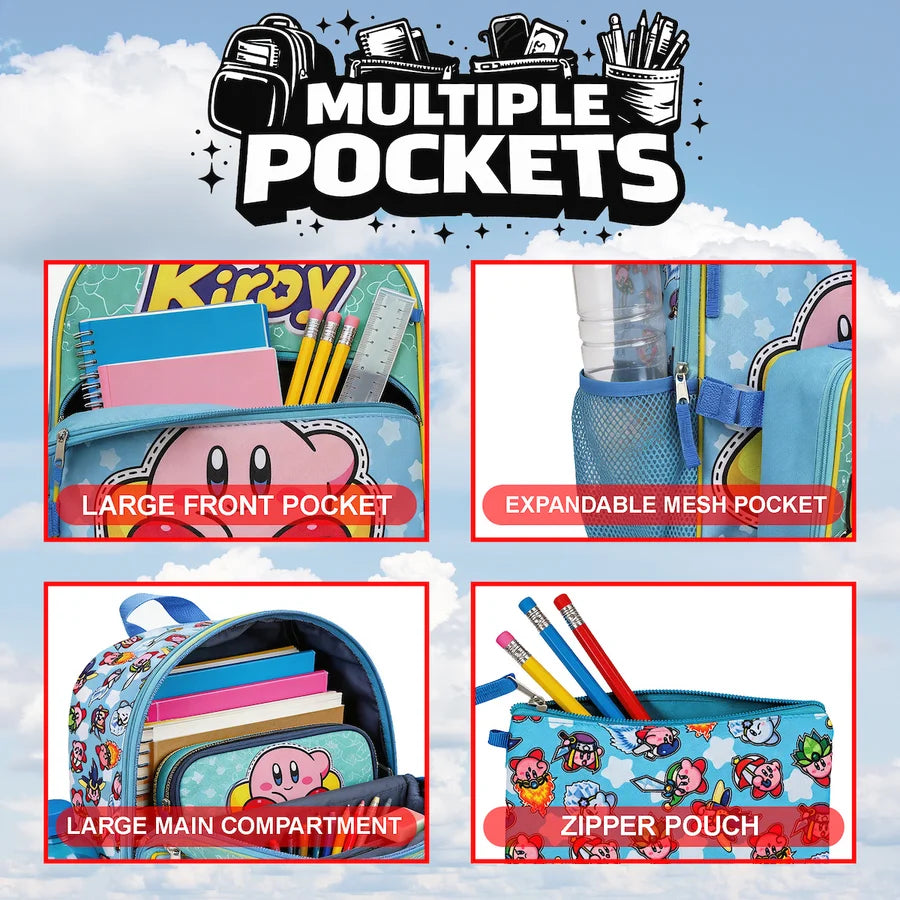A promotional collage for a school backpack with multiple pockets, featuring four labeled inset photos: large front pocket, expandable mesh pocket, large main compartment, and zipper pouch. The top header reads 'MULTIPLE POCKETS' with backpack graphics on a blue sky/cloud background.