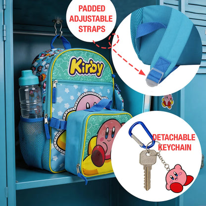Kirby-themed backpack with water bottle and lunch bag on a blue locker background