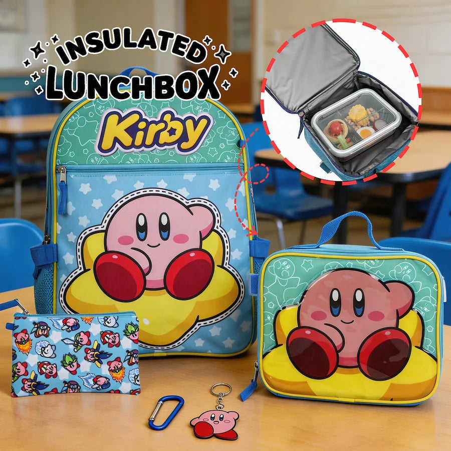Kirby-themed insulated lunchbox set on a classroom table