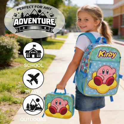 A young girl wearing a blue and pink Kirby backpack stands on a sunny sidewalk, holding a matching Kirby lunch bag. The image includes promotional text and icons highlighting school, travel, and outdoor use.