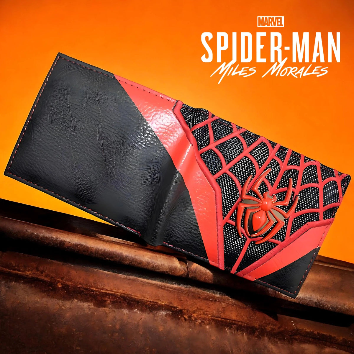 Spider-Man Miles Morales themed wallet with web design on a orange background