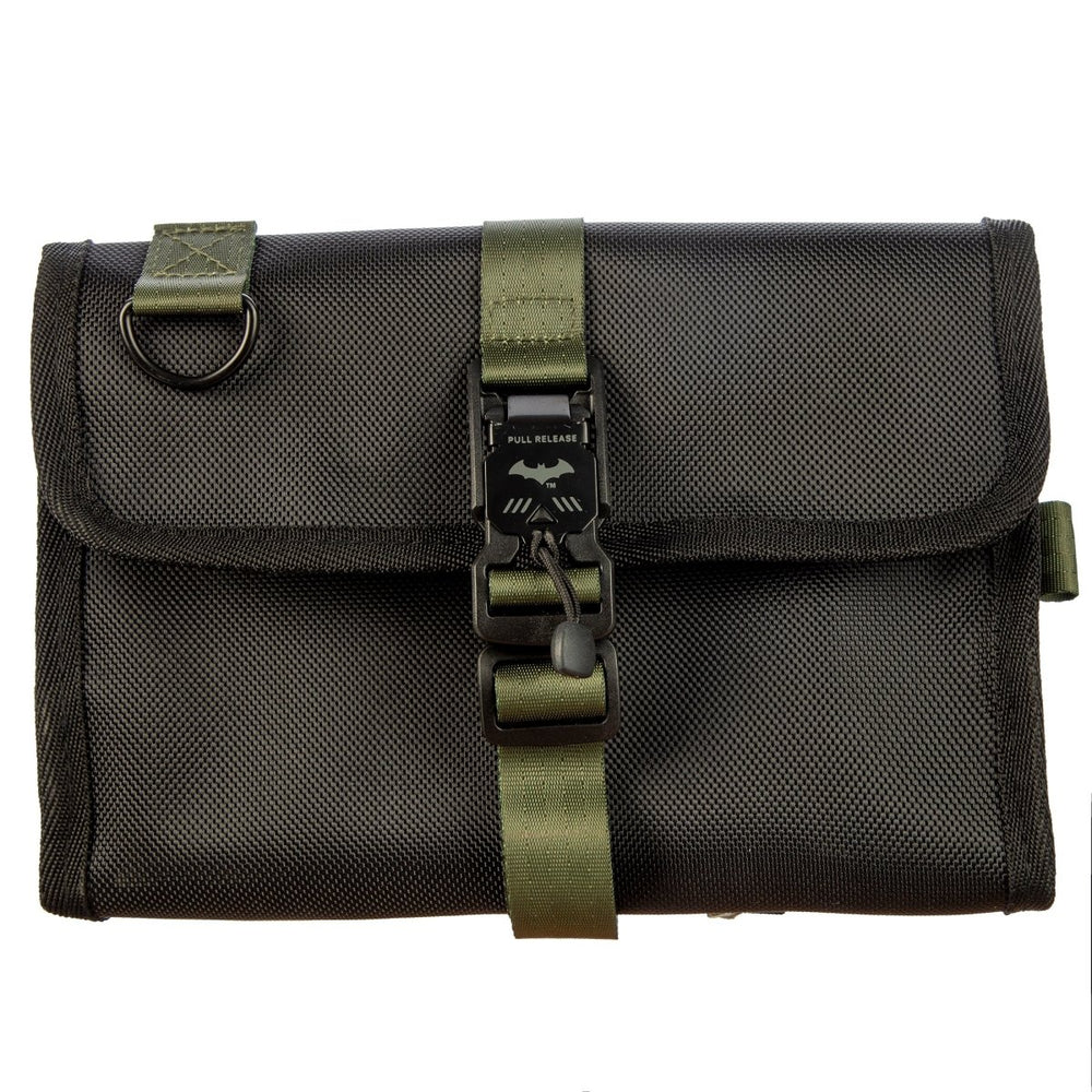 Black and green DC Comics Batman Tactical Black Backpack with bat emblem on a white background