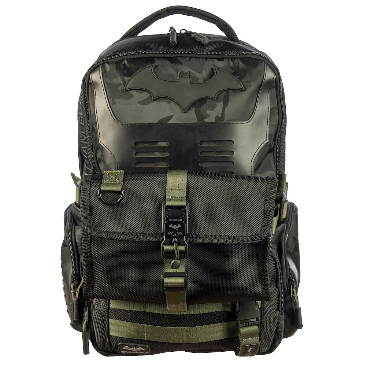 Black and green DC Comics Batman Tactical Black Backpack with bat emblem on a white background