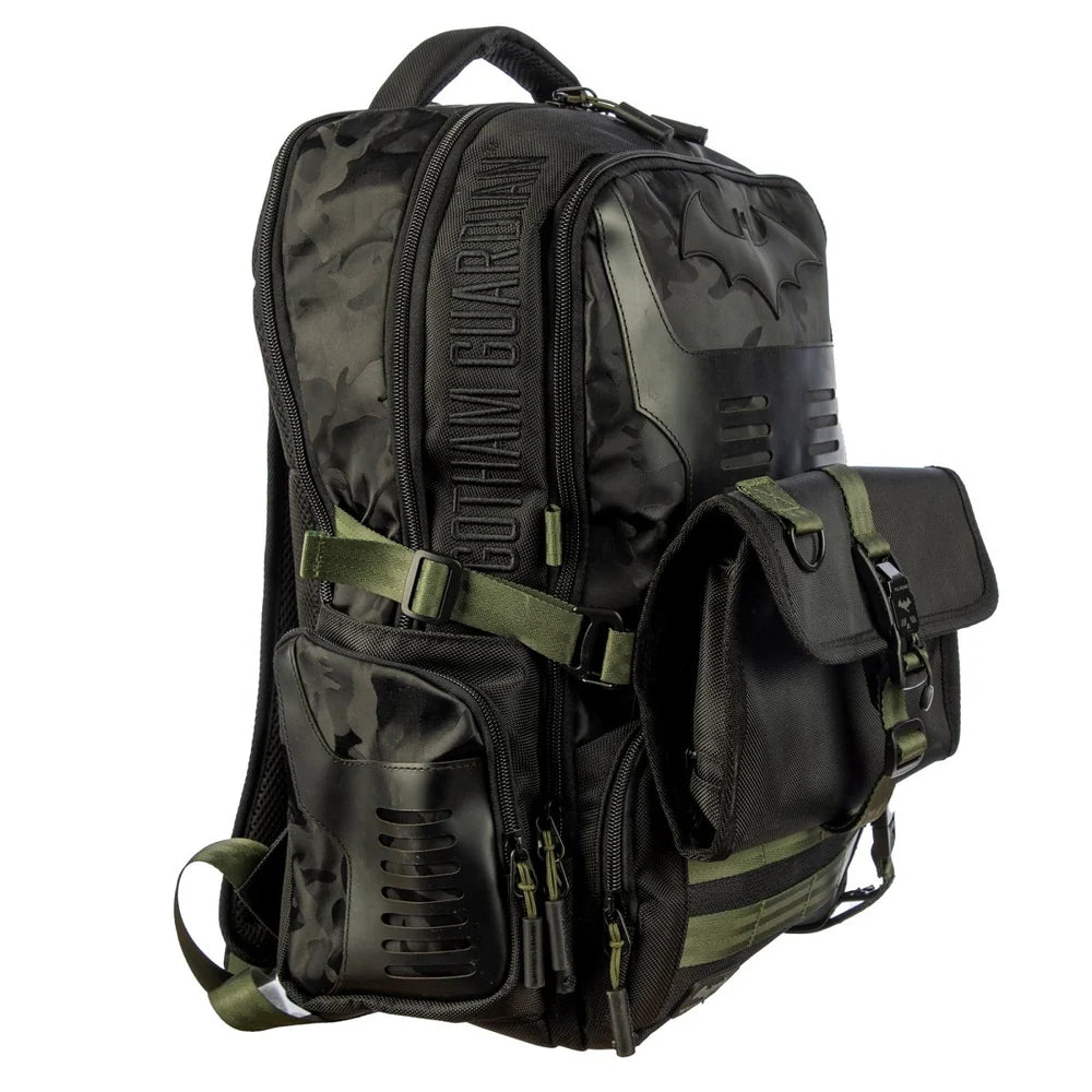 Black and green DC Comics Batman Tactical Black Backpack with bat emblem on a white background