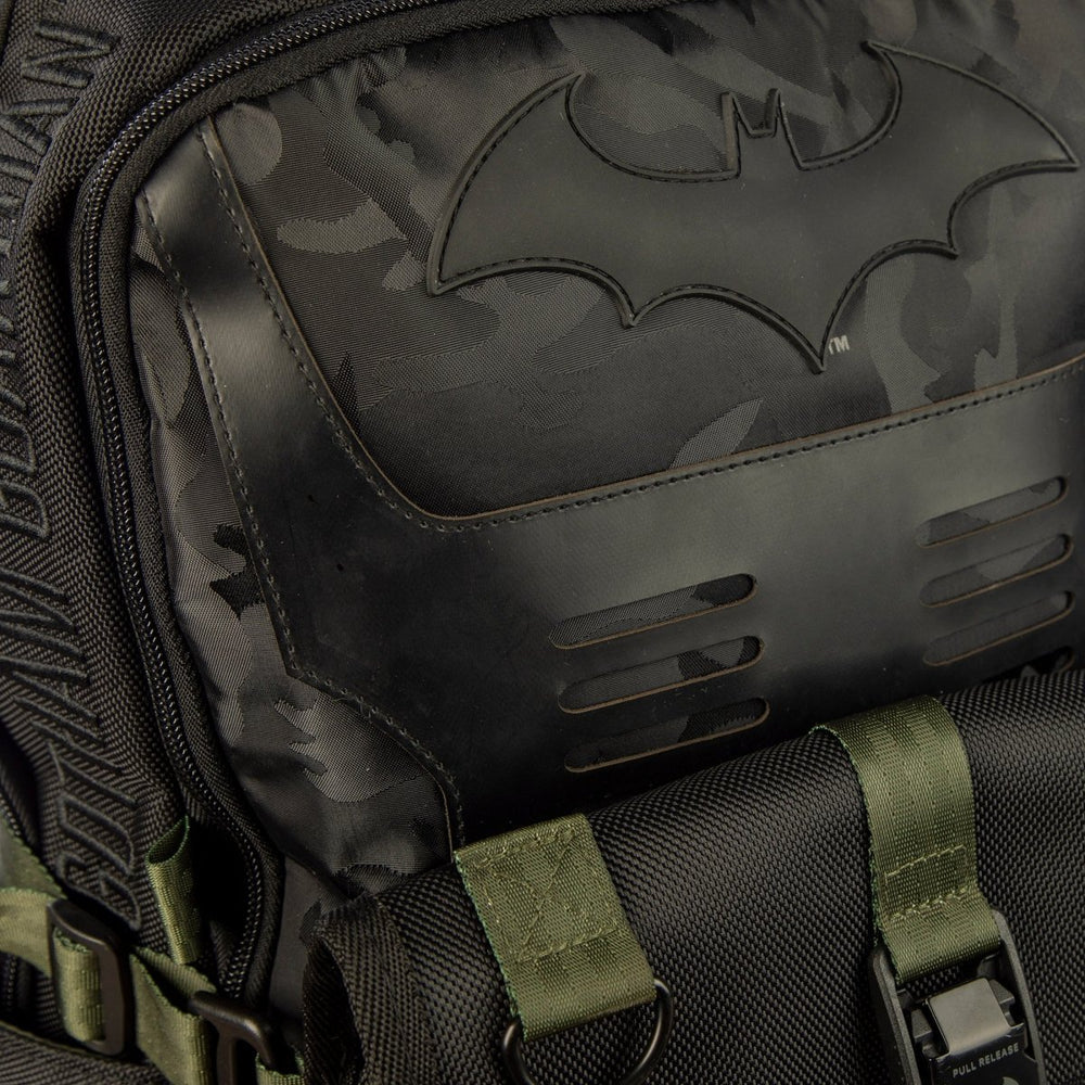 Black and green DC Comics Batman Tactical Black Backpack with bat emblem on a white background