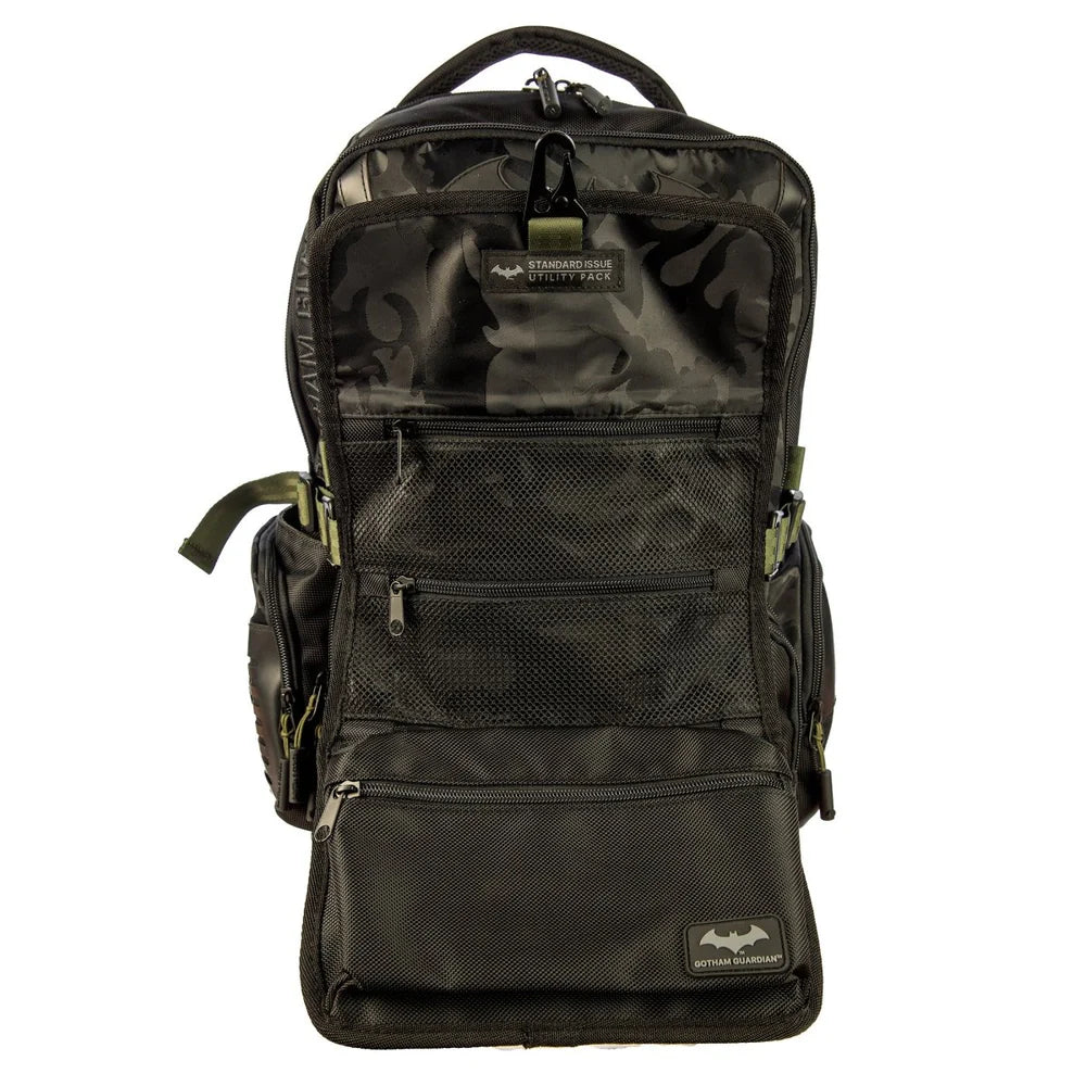 Black and green DC Comics Batman Tactical Black Backpack with bat emblem on a white background