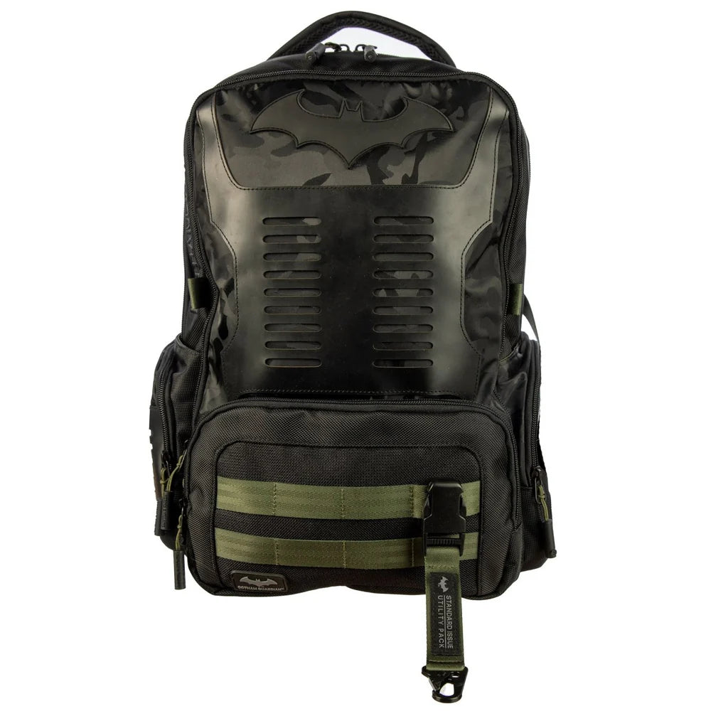 Black and green DC Comics Batman Tactical Black Backpack with bat emblem on a white background