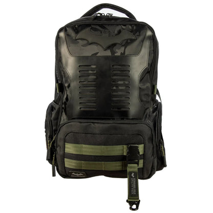 Black and green DC Comics Batman Tactical Black Backpack with bat emblem on a white background