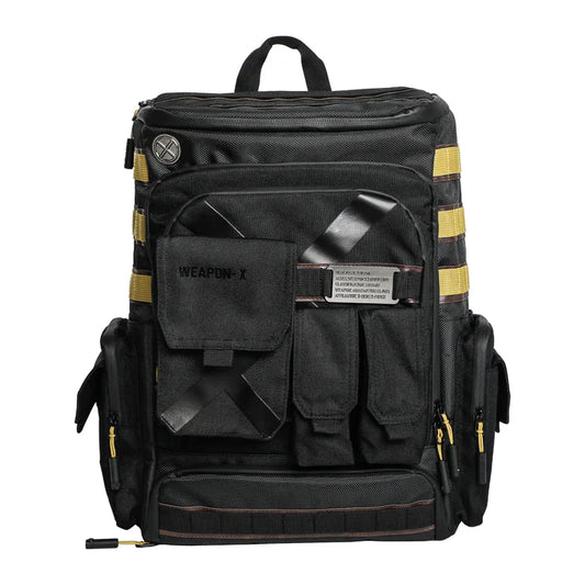 Marvel X-Men Weapon X Logan Wolverine Backpack with top-loader main compartment, front slide and zip pockets, MOLLE loops, and a metal Wolverine badge. Available now at Chimploot.com