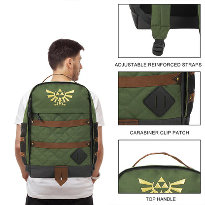 Green The Legend Of Zelda Hyrule Crest 17" backpack with gold emblem on a white background