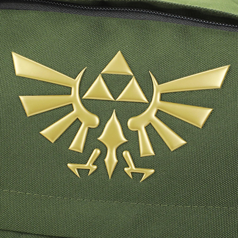 Green The Legend Of Zelda Hyrule Crest 17" backpack with gold emblem on a white background