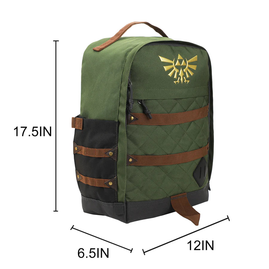 Green The Legend Of Zelda Hyrule Crest 17" backpack with gold emblem on a white background