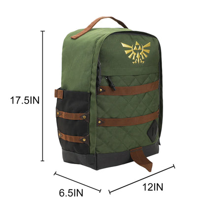 Green The Legend Of Zelda Hyrule Crest 17" backpack with gold emblem on a white background