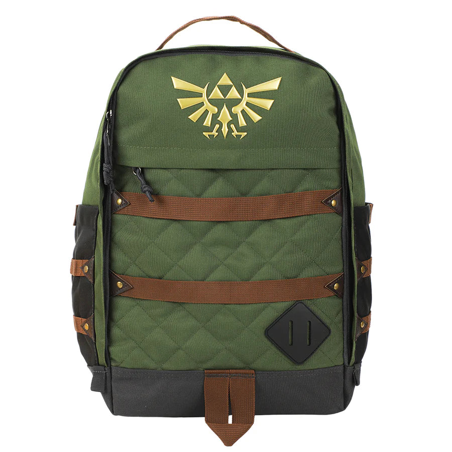 Green The Legend Of Zelda Hyrule Crest 17" backpack with gold emblem on a white background