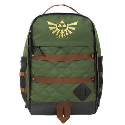 Green The Legend Of Zelda Hyrule Crest 17" backpack with gold emblem on a white background