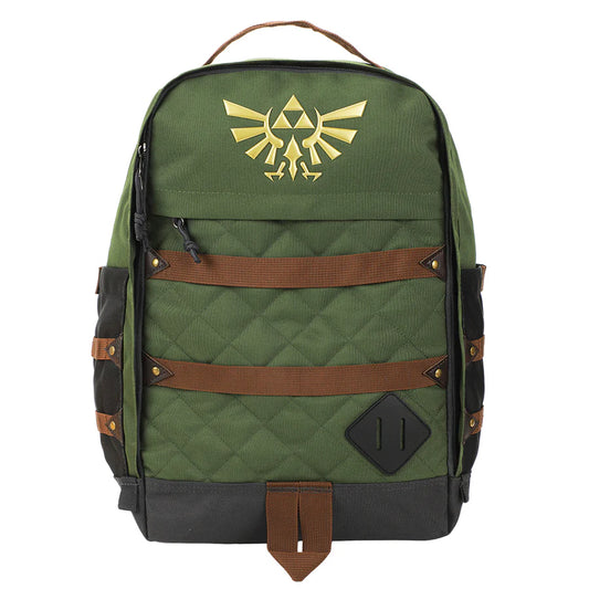 Green The Legend Of Zelda Hyrule Crest 17" backpack with gold emblem on a white background