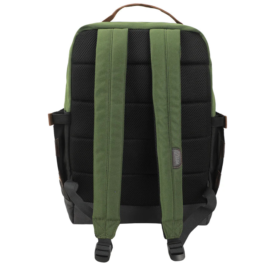 Green The Legend Of Zelda Hyrule Crest 17" backpack with gold emblem on a white background