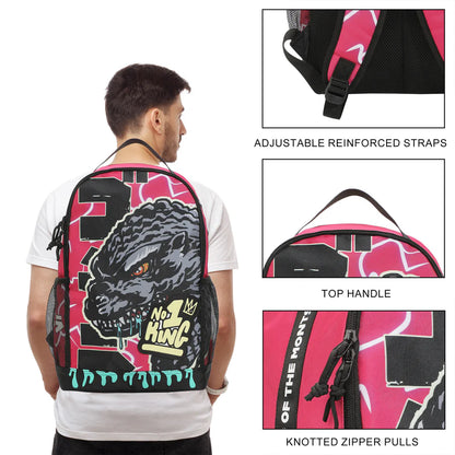 Backpack with a graphic design Godzilla and text on a pink and black background