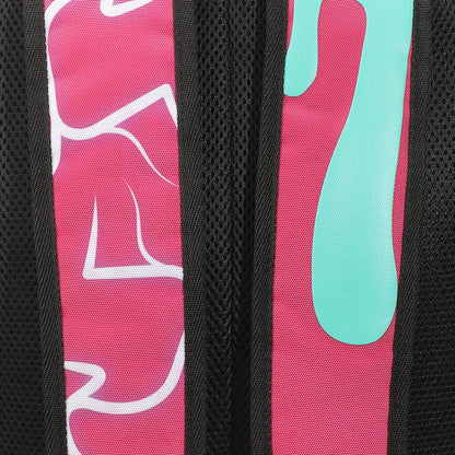 Backpack with a graphic design Godzilla and text on a pink and black background