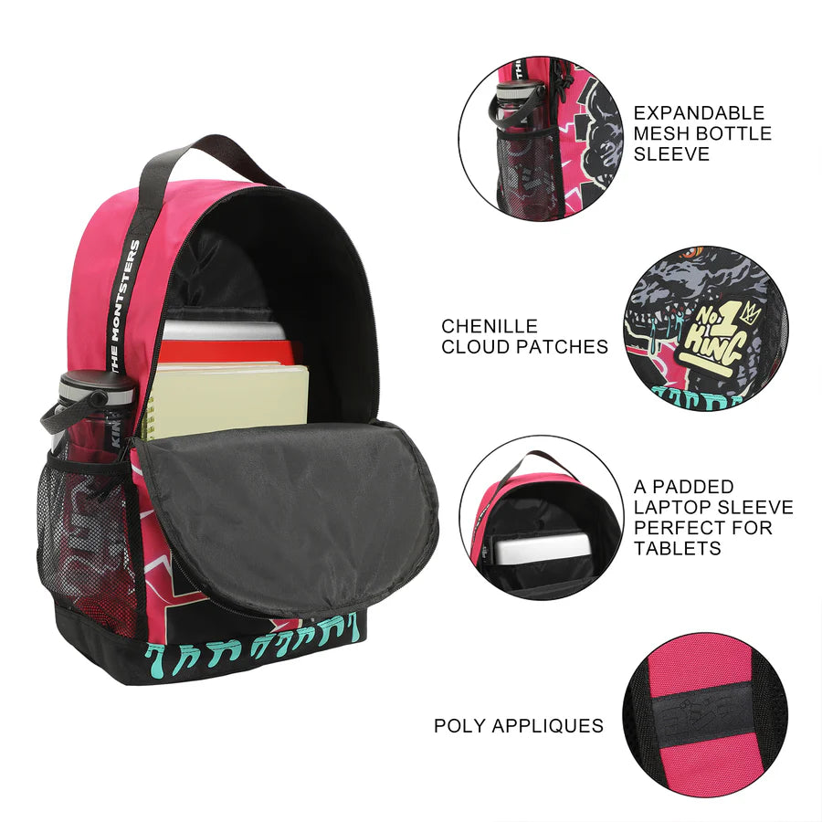Backpack with a graphic design Godzilla and text on a pink and black background