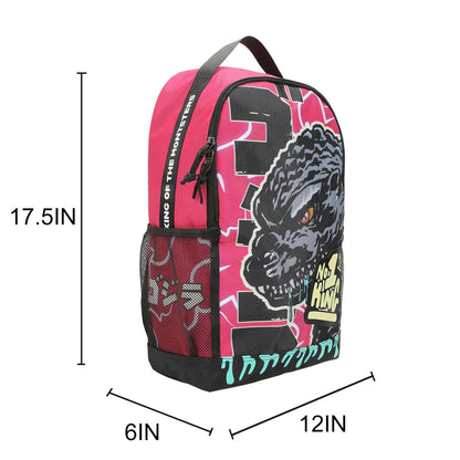 Backpack with a graphic design Godzilla king of the monsters and text on a pink and black background