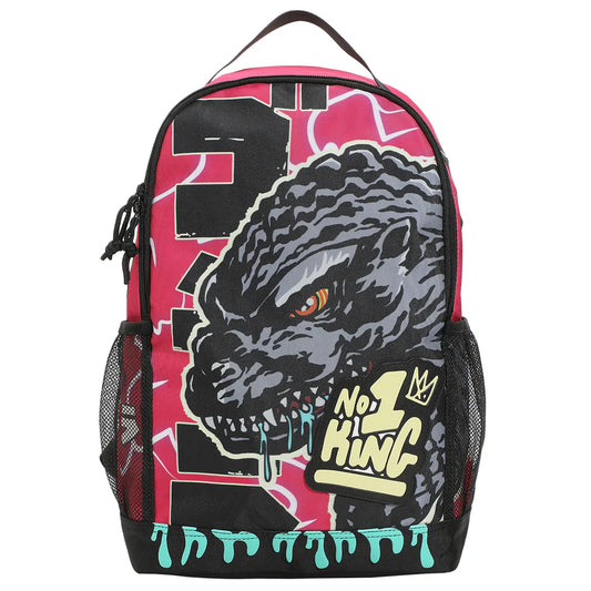 Backpack with a graphic design Godzilla king of the monsters and text on a pink and black background