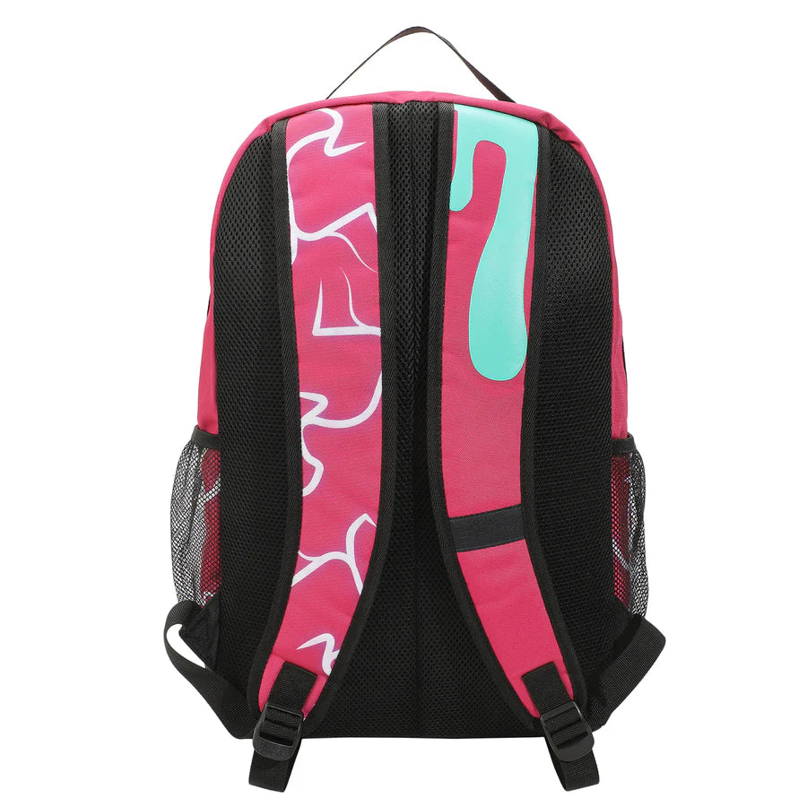 Backpack with a graphic design Godzilla king of the monsters and text on a pink and black background