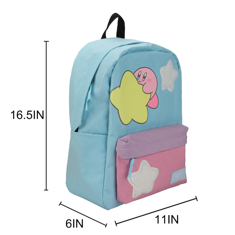 Backpack with kirby cartoon character design and measurements on a white background