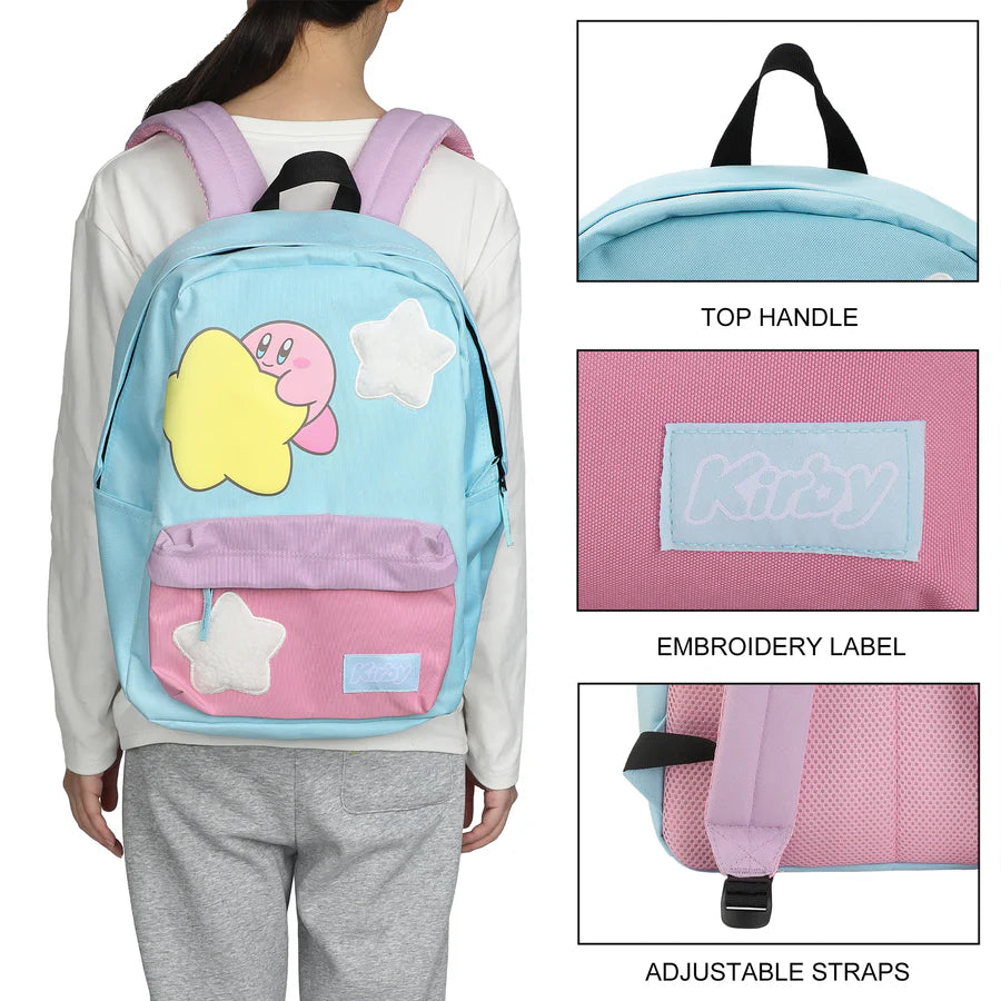 Light blue backpack with kirby cartoon character, top handle, embroidery label, and adjustable straps on a white background.