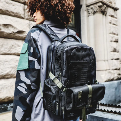 Black and green DC Comics Batman Tactical Black Backpack with bat emblem on a white background