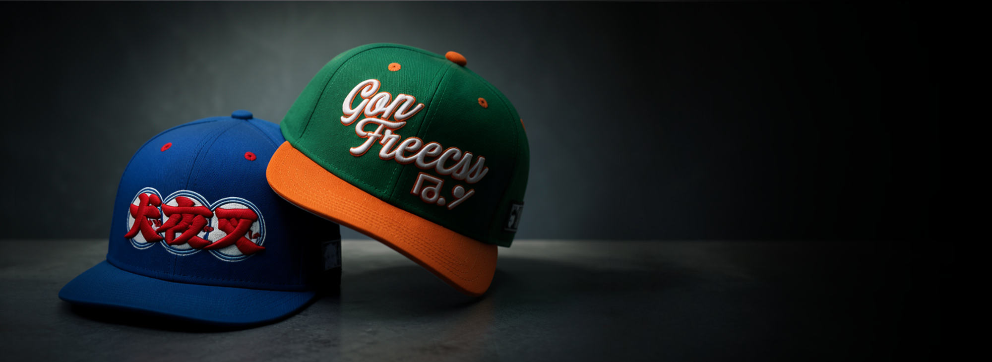 Two baseball caps displayed on a dark surface against a dark background