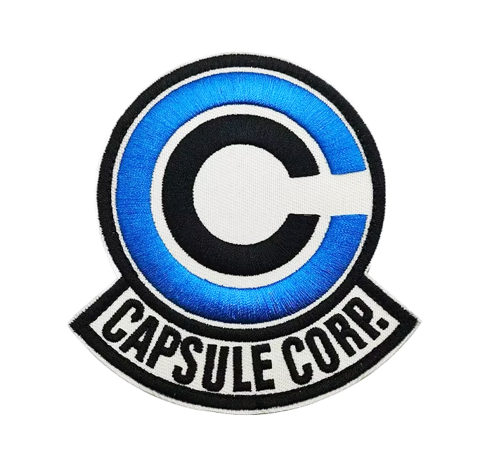 Capsule Corp logo patch with blue, black, and white colors on a white background