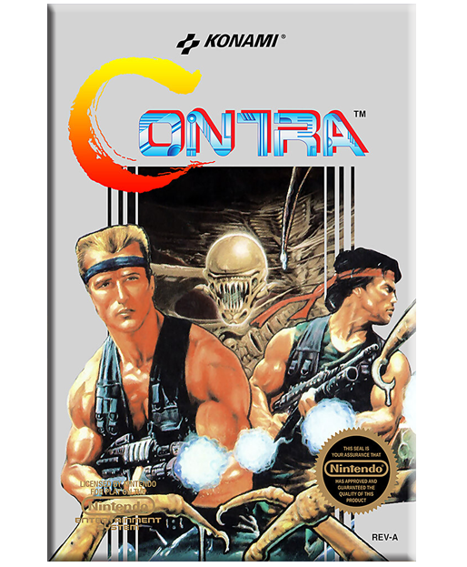 Front cover of the Konami Contra video game cartridge, featuring illustrated characters from the game, the Konami logo at the top, and a gold Nintendo Seal of Quality at the bottom right.